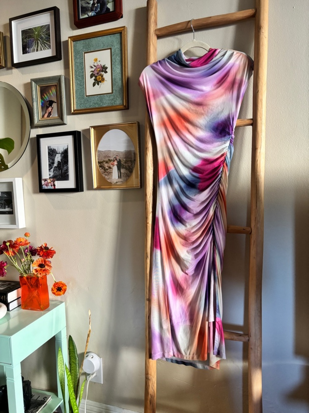 Anthropologie Multicolor Ruched Midi Dress in Purple, Pink, Orange